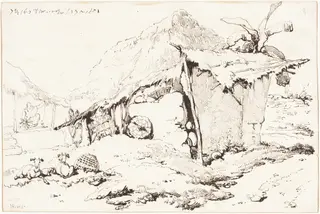 A Village Hut in India [recto], by George Chinnery, ink, 1819