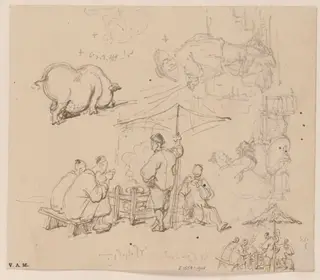 Chinese men at a cooking stove, and of a pig, by George Chinnery, 19