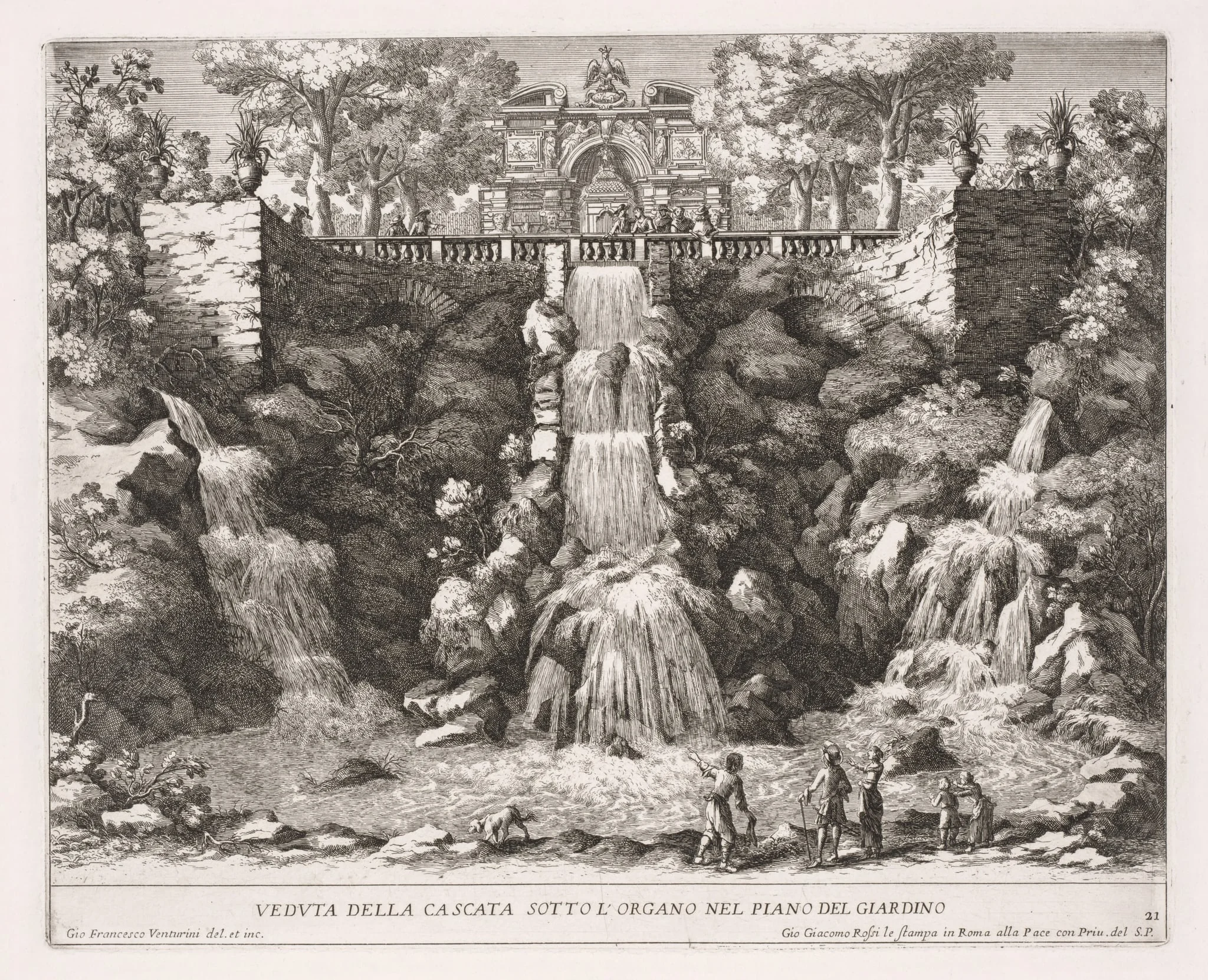 The Fountains of Rome (Le fontane di Roma), Book IV, plate 21: View of the Cascade below the Organ from the Garden (Veduta della Cascata Sotto L'Organo nel Piano del Giardino), detail