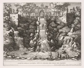 The Fountains of Rome (Le fontane di Roma), Book IV, plate 21: View of the Cascade below the Organ from the Garden (Veduta della Cascata Sotto L'Organo nel Piano del Giardino), by Giovanni Francesco Venturini, 1688