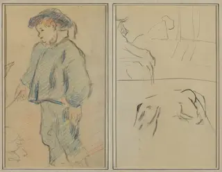 Breton Boy Tending Geese; Cows and a Figure Leaning on a Ledge [verso], by Paul Gauguin, graphite, 1886