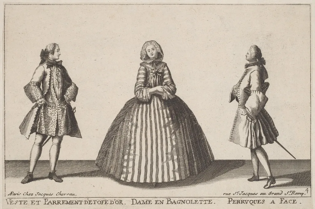 Veste et Parrement d'Etofe d'Or/Dame en Bagnolette/Perruques à Face, by Jacques Chéreau, ink, 1724