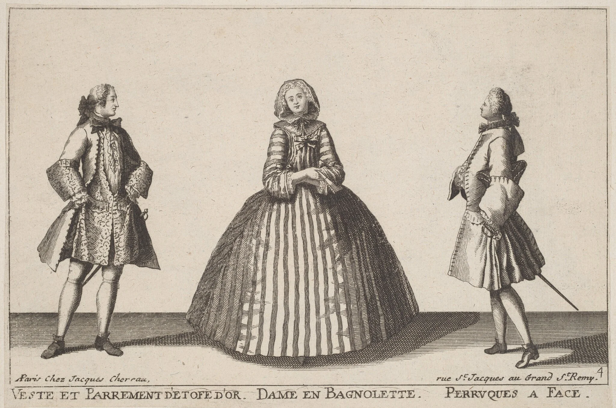Veste et Parrement d'Etofe d'Or/Dame en Bagnolette/Perruques à Face, detail