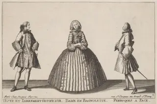 Veste et Parrement d'Etofe d'Or/Dame en Bagnolette/Perruques à Face, by Jacques Chéreau, ink, 1724