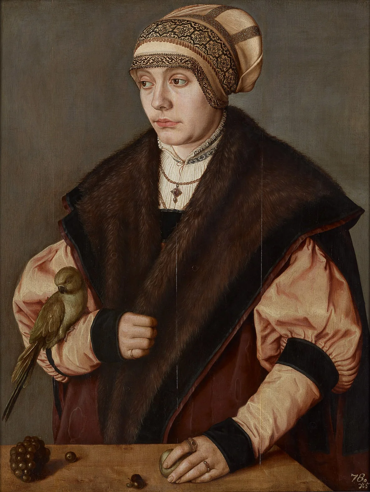 Portrait of a woman with parrot, detail
