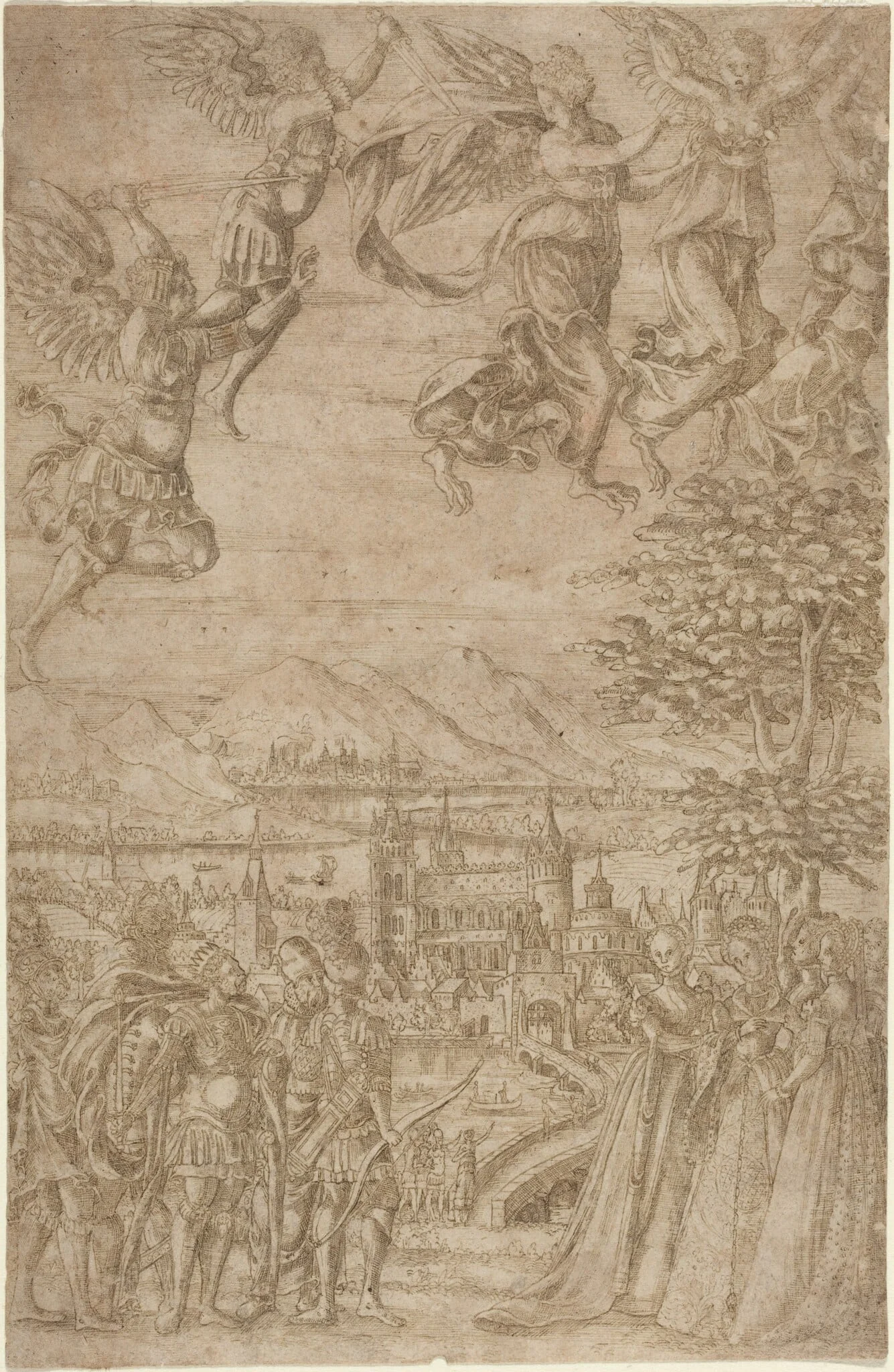 A King and His Retinue Confronting Ladies under a Celestial Battle, detail