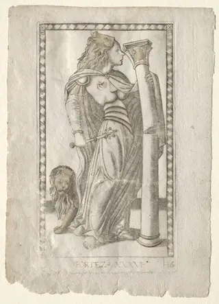 Forteza (from the Tarocchi, series B: Cosmic Principles & Virtues, #36), by Master of the E-Series Tarocchi, 1467