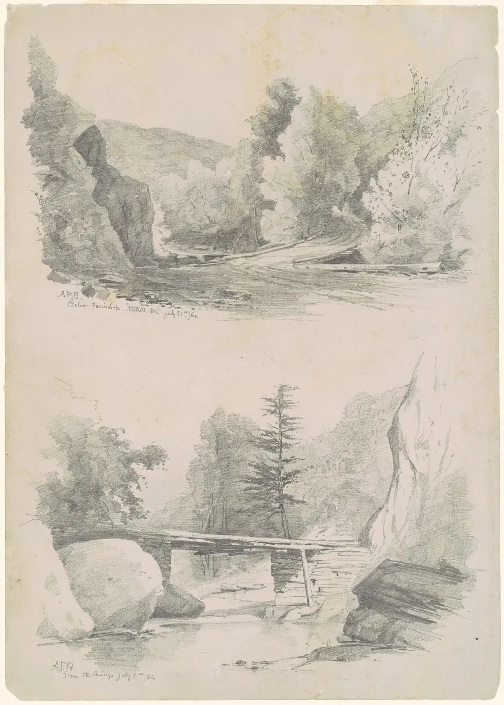 Below Fawn's Leap, Catskill Mountains; and Above the Bridge, by Andrew Fisher Bunner, graphite, 1866