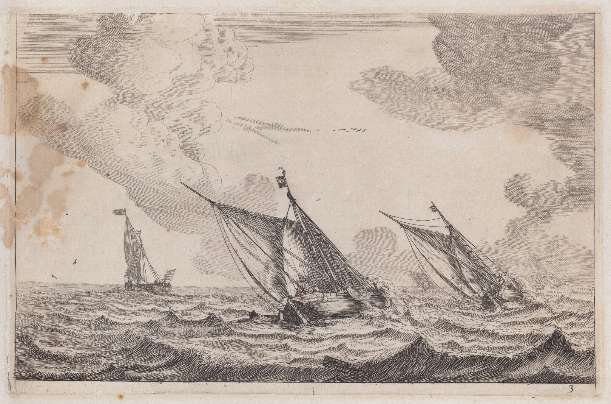 Three Sailing Vessels at Choppy Sea, detail