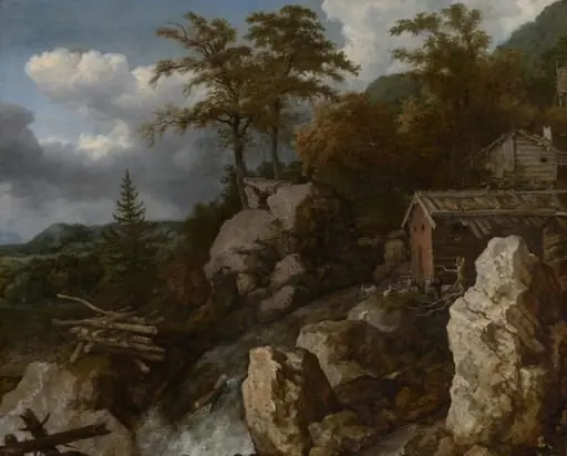 Waterfall with Log Cabins, by Allart van Everdingen, oil, 1668