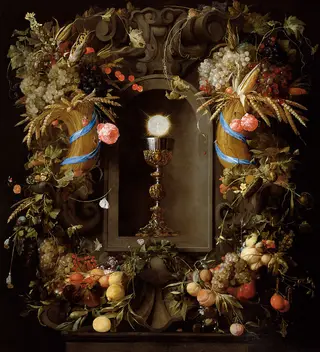 Chalice and Host in a Niche, within a Cartouche of Roses and Fruit, by Jan Davidsz. de Heem