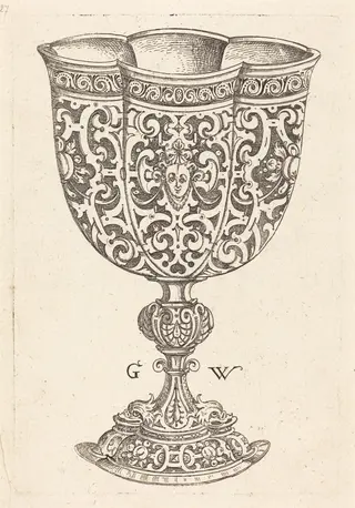 Chalice with six embossings, base decorated with two dolphins
