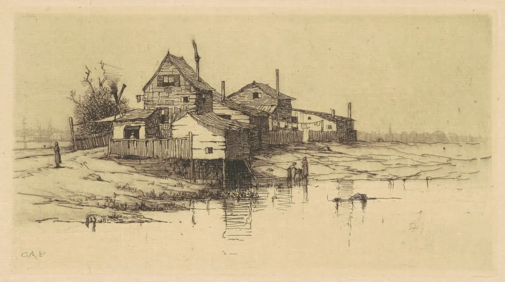 Shanties on the Harlem, by Charles A. Platt, ink, 1882