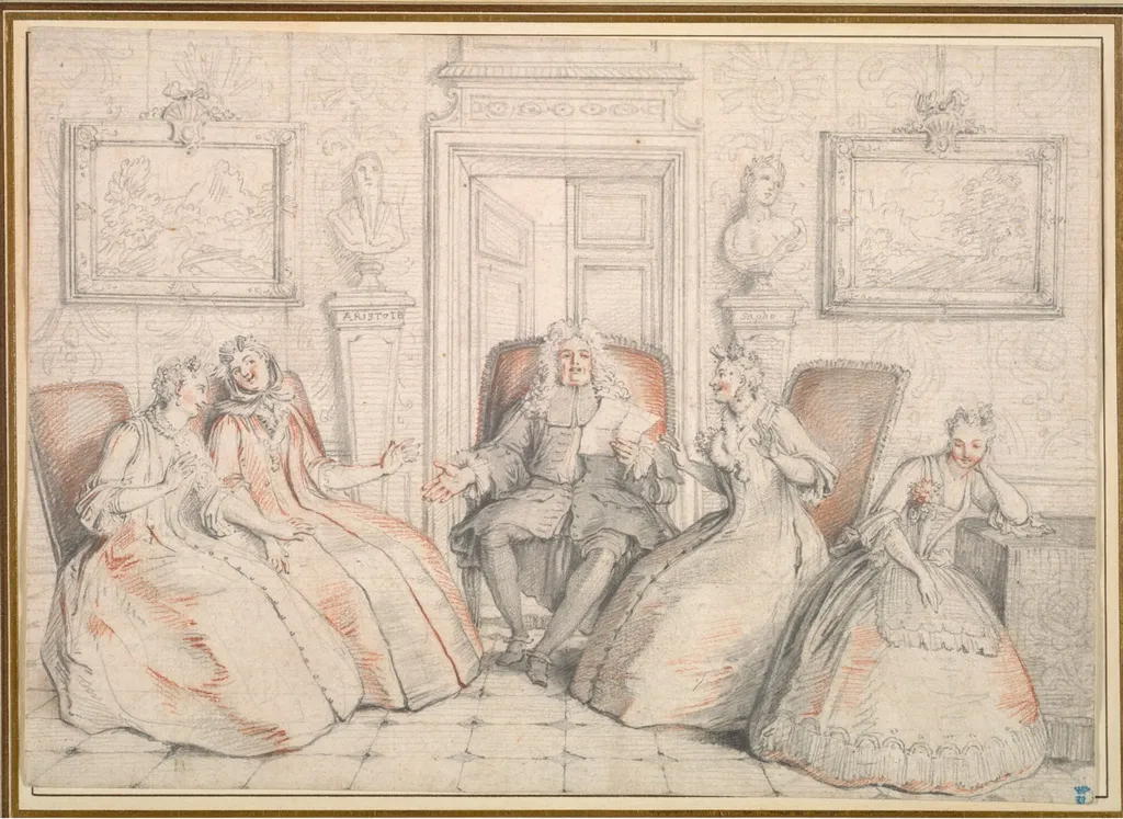 Trissotin Reading to Philaminte, Bélise, and Armande (from act 3, scene 2 of Molière's "Les Femmes Savantes", by Charles-Antoine Coypel, 1726
