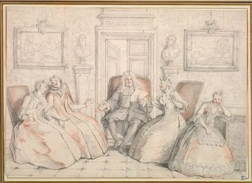 Trissotin Reading to Philaminte, Bélise, and Armande (from act 3, scene 2 of Molière's "Les Femmes Savantes", by Charles-Antoine Coypel
