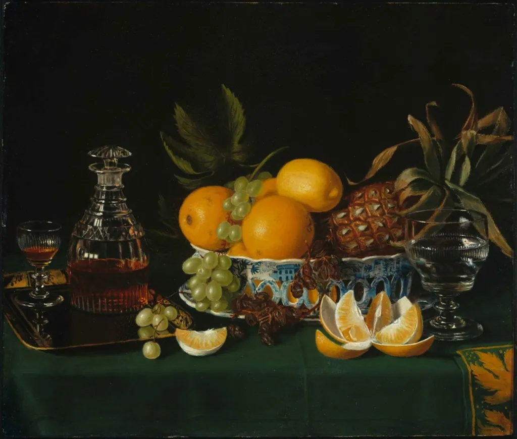 Still Life on a Green Table Cloth, by Charles Bird King, oil, 1815