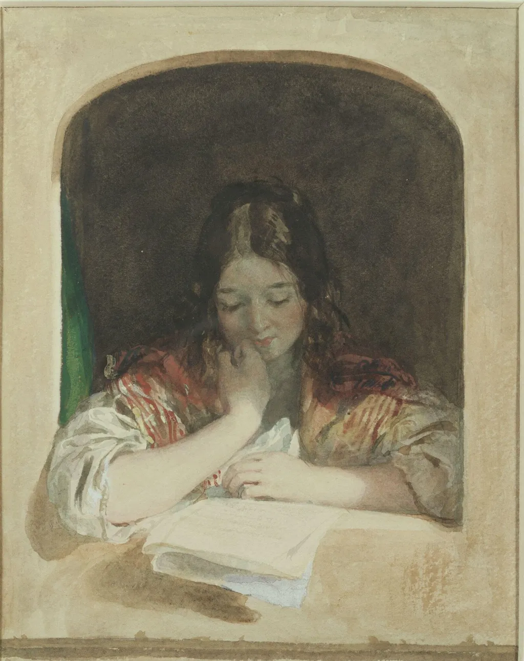 Girl reading at a window, by Charles Brocky, watercolor, 1825