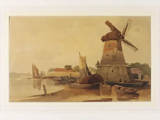 View on the Thames, with windmill and boats