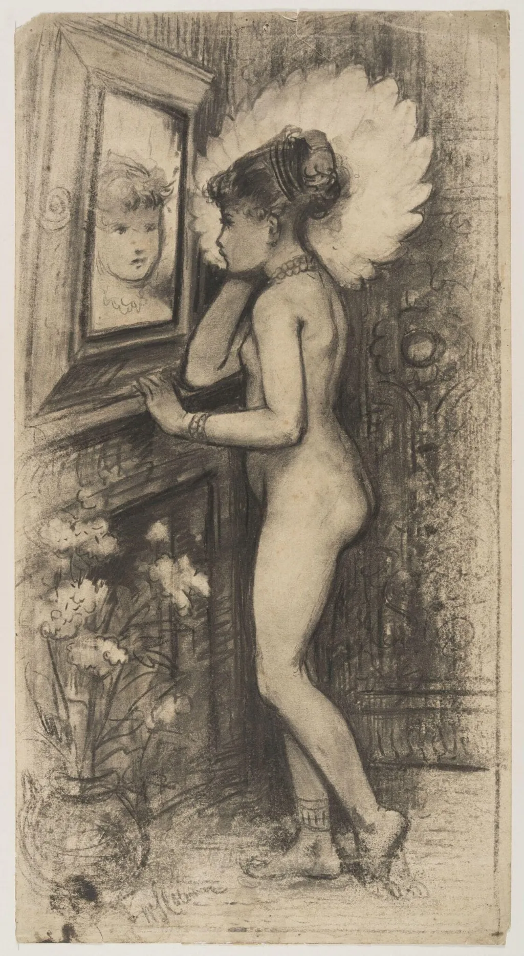 Nude girl looking into a mirror above a fireplace, by Charles Caryl Coleman, 1850
