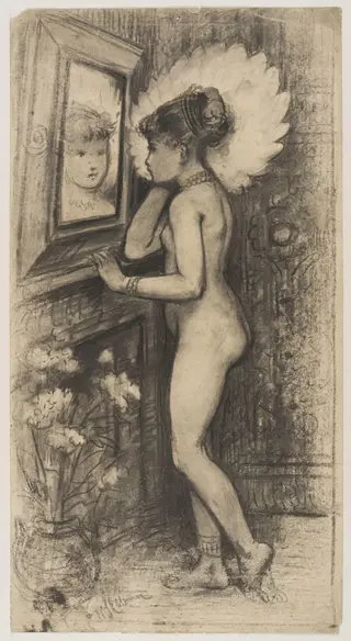 Nude girl looking into a mirror above a fireplace