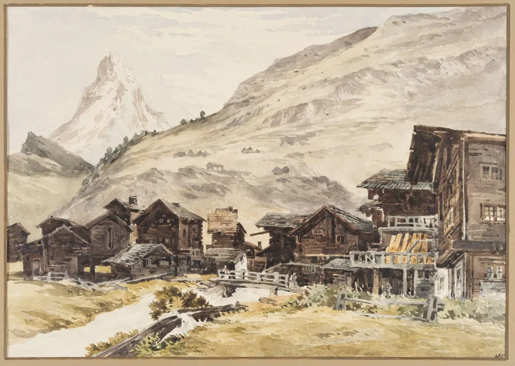 Houses and Stream at Zermatt, Switzerland, by Charles Claude Pyne, watercolor, 1822