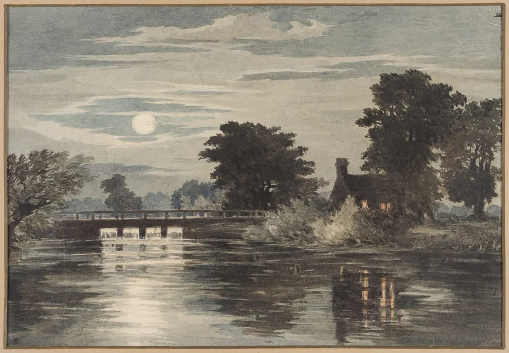 Moonlight: River Scene, by Charles Claude Pyne, watercolor, 1822