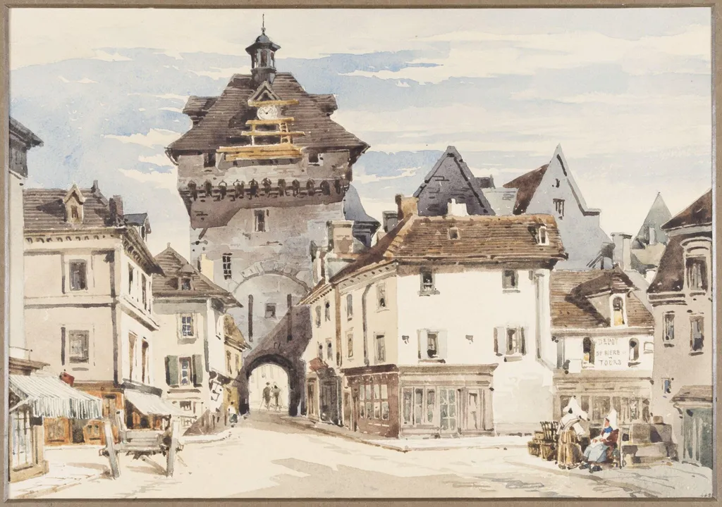 Street Scene in Loches, France, by Charles Claude Pyne, watercolor, 1822