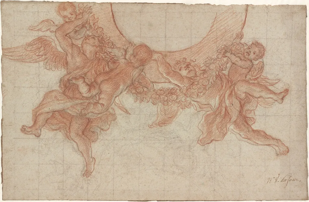 Angels and Putti Flying with a Garland: Design for a Ceiling, by Charles de La Fosse, chalk, 1675