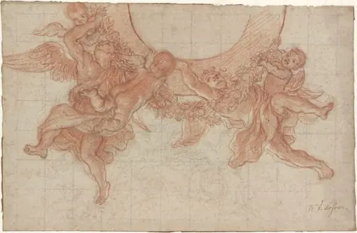 Angels and Putti Flying with a Garland: Design for a Ceiling, by Charles de La Fosse