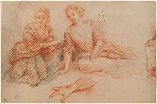 Two Young Women Seated on the Ground [recto], by Charles de La Fosse