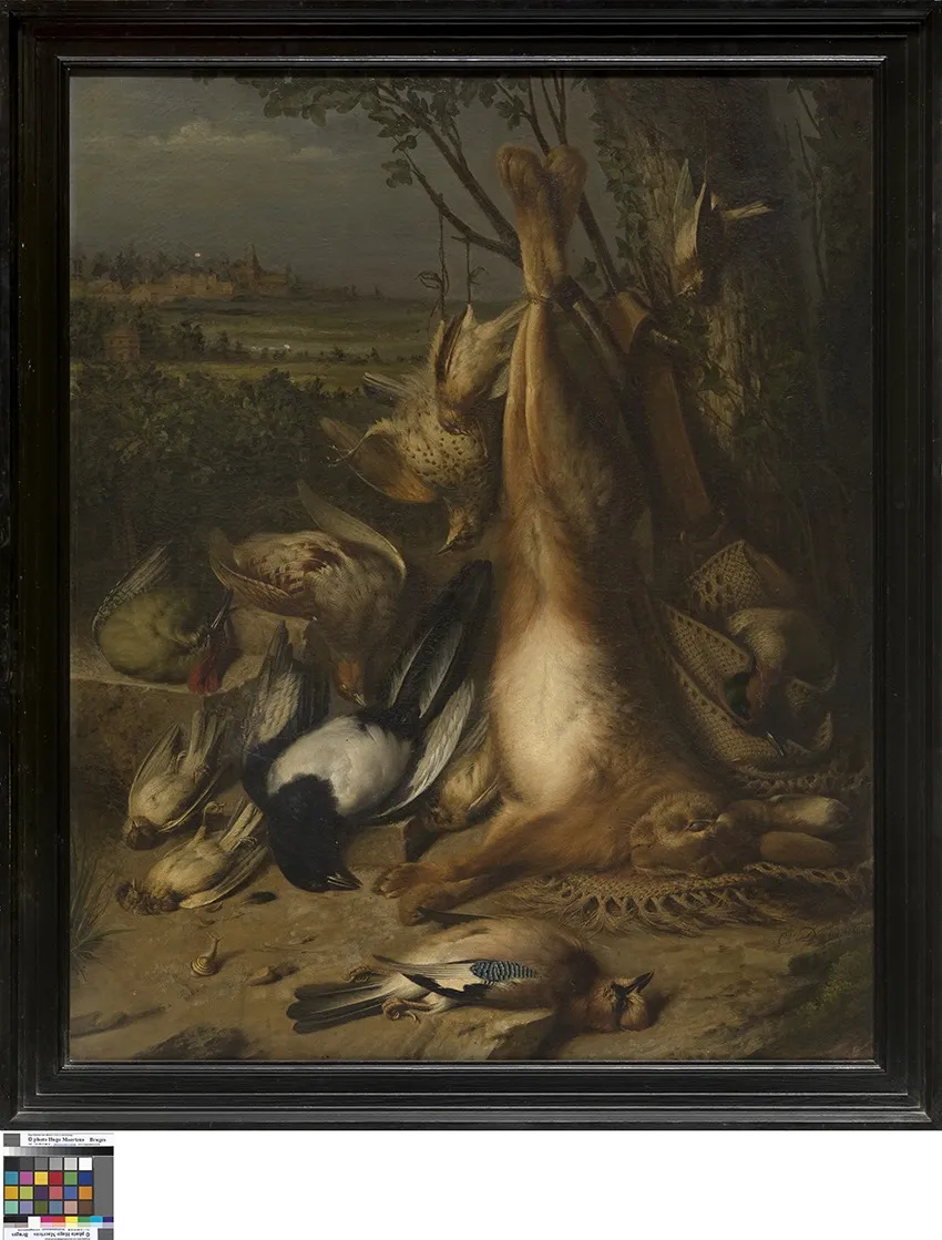Stilleven met jachtbuit, by Charles Devos, oil, 1869