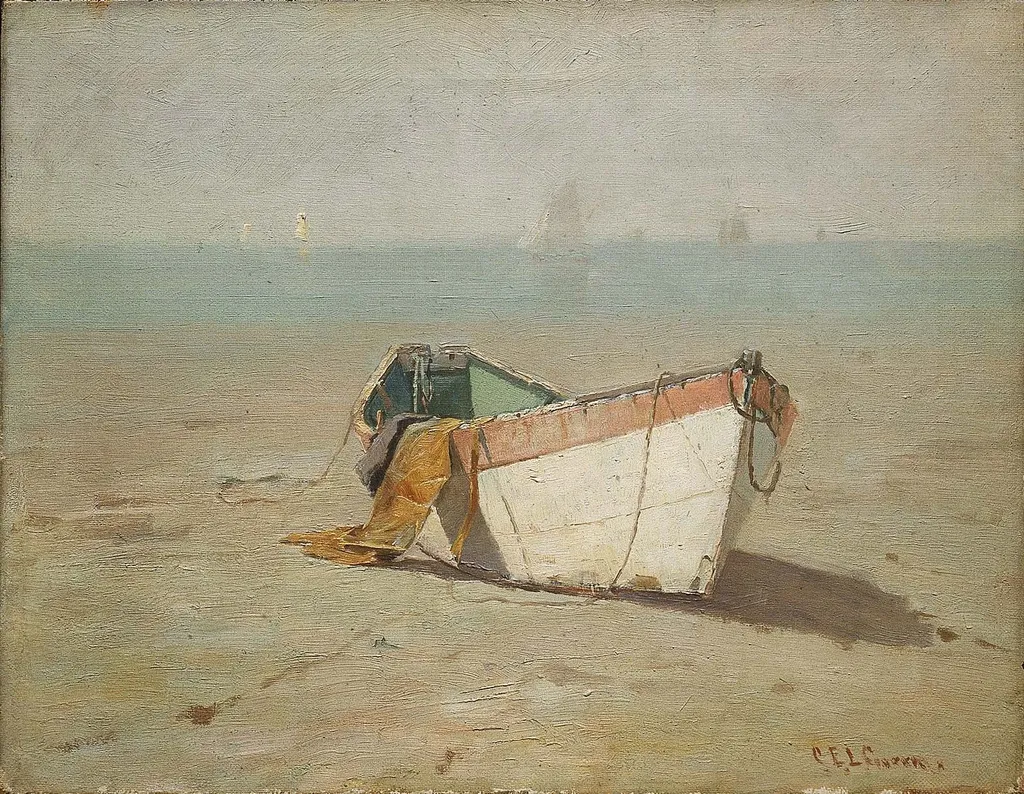 Winter Dory, King's Beach, Swampscott, Massachusetts, by Charles Edwin Lewis Green, oil, 1896