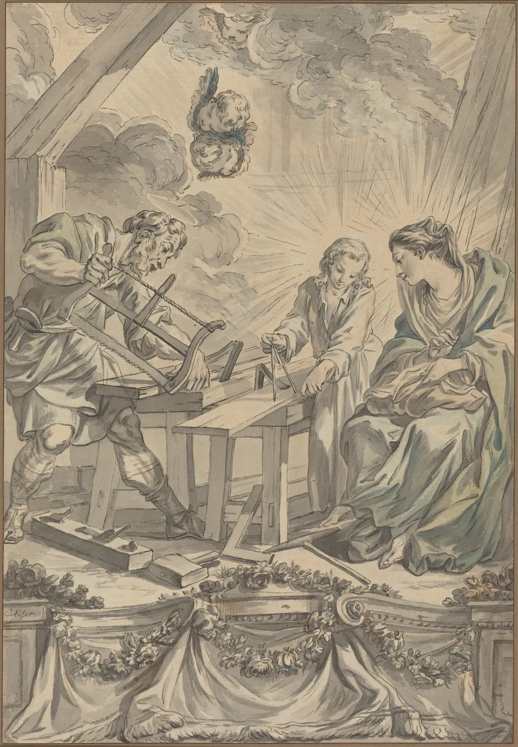 The Holy Family in the Carpenter's Shop, by Charles Eisen, ink, 1755