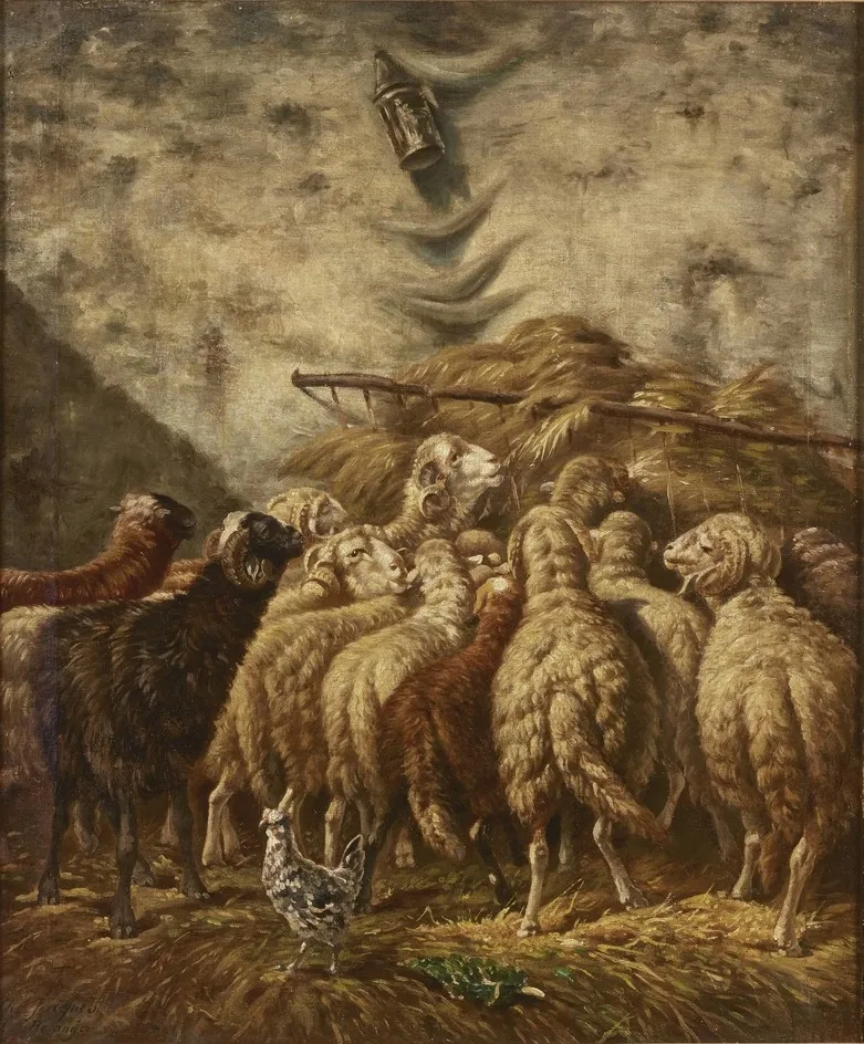 Interior of a Sheepfold by Night, by Charles-Émile Jacque, oil, 1863