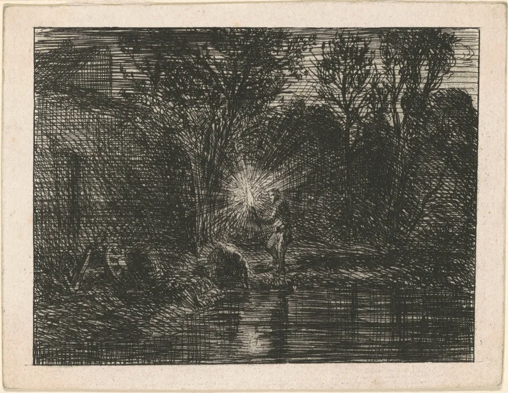 Riverbank at Night, by Charles Émile Jacque, ink, 1844