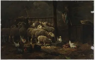 Sheep and Chickens in a Barn, by Charles-Émile Jacque