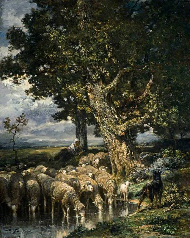 Sheep at a Watering Place, by Charles-Émile Jacque, oil, 1845