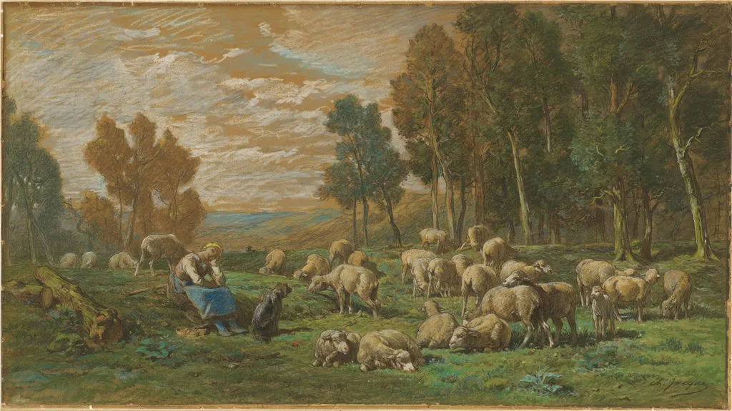 The Shepherdess, by Charles Émile Jacque, pastel, 1869