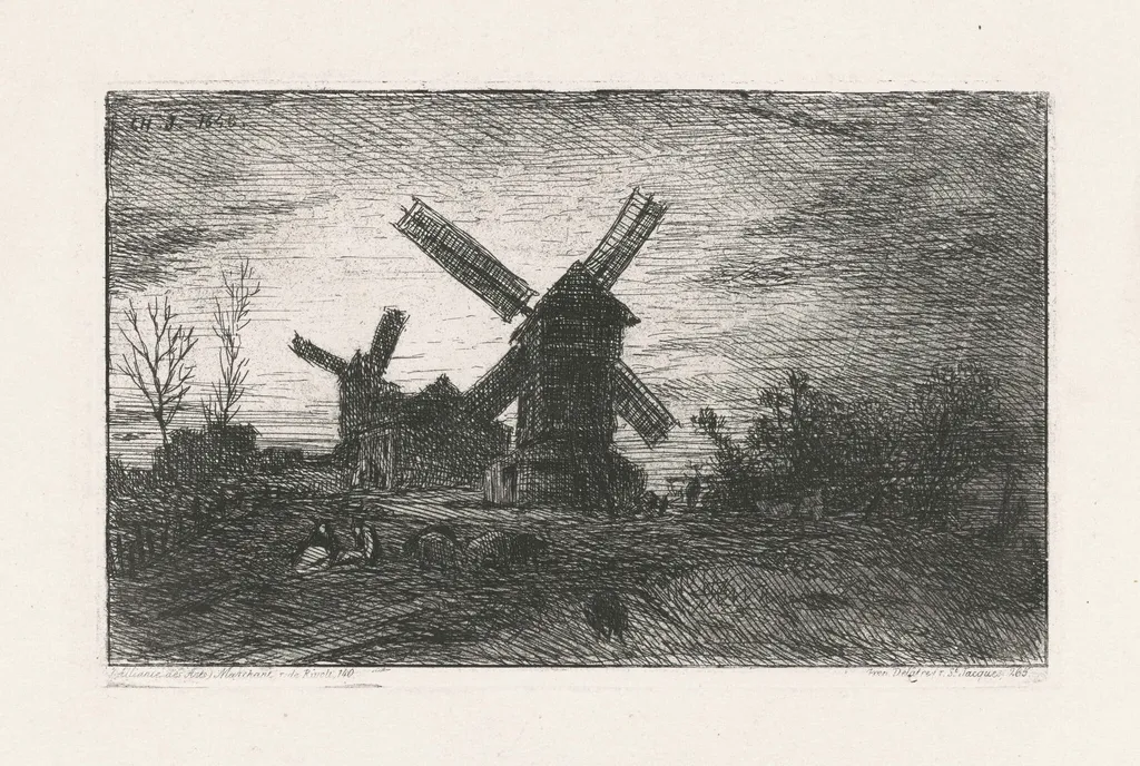 Two Windmills at Montmartre, by Charles Émile Jacque, ink, 1846