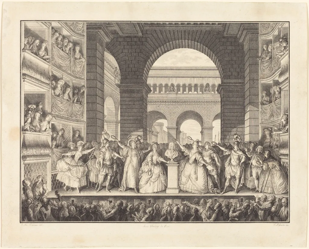 Couronnement de Voltaire (The Crowning of Voltaire), by Charles-Etienne Gaucher, ink, 1782