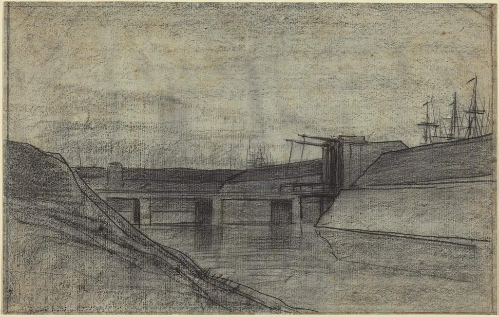 Bridge over an Estuary, by Charles François Daubigny, ink, 1848