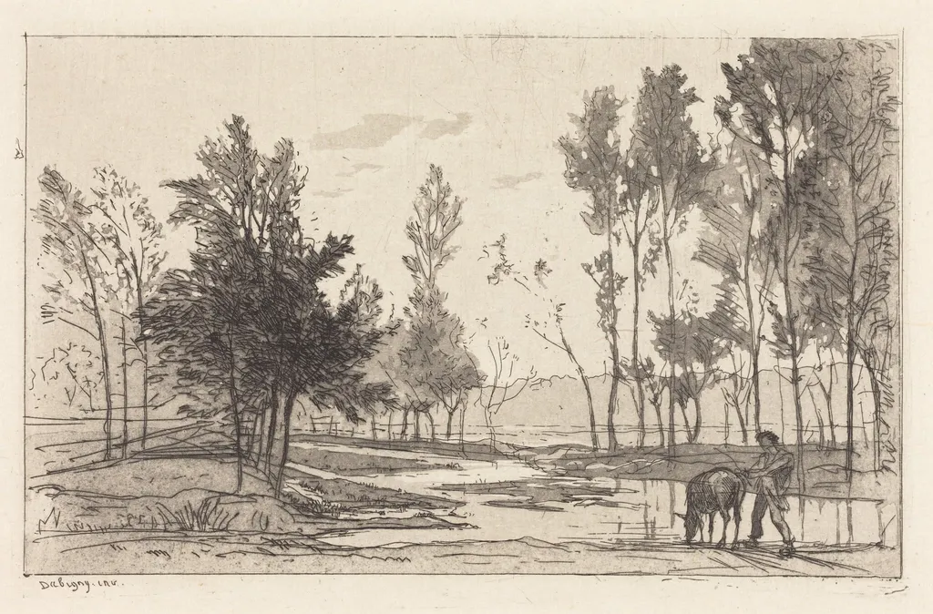 Donkey at a Watering Place (L'Ane a l'abreuvoir), by Charles François Daubigny, ink, 1850