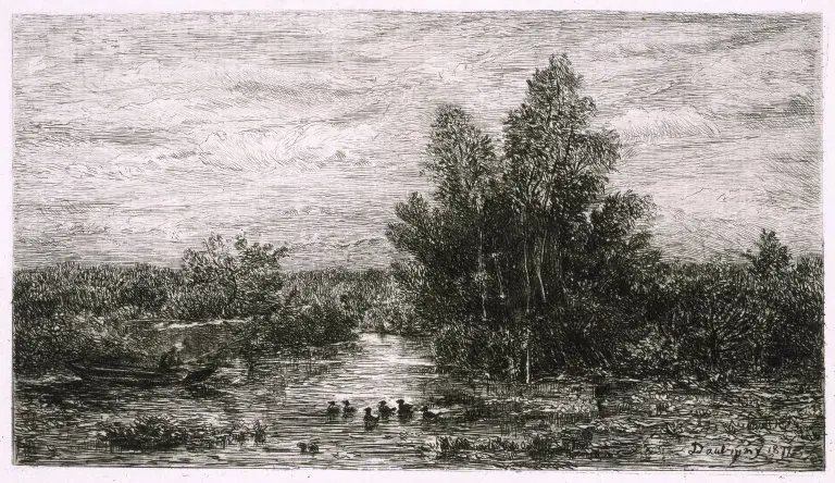 Fisherman on River with Ducks, by Charles François Daubigny