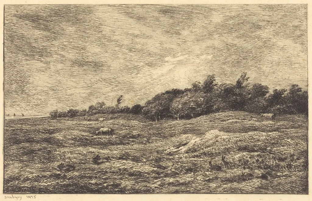 The Meadow at Grave, near Villerville (Le Pre des Graves, a Villerville), by Charles François Daubigny, ink, 1875