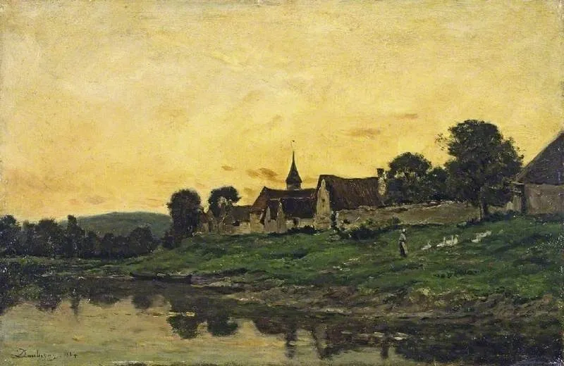 Village on a river, sunset, by Charles François Daubigny, oil, 1864