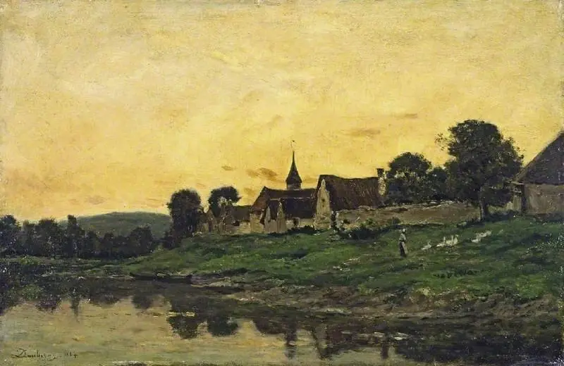 Village on a river, sunset, by Charles François Daubigny