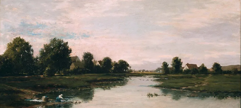 Woman Washing Clothes at the Edge of a River, by Charles François Daubigny, oil, 1857