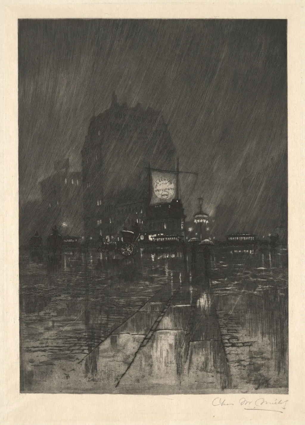 A Rainy Night, Madison Square, by Charles Frederick William Mielatz, ink, 1890