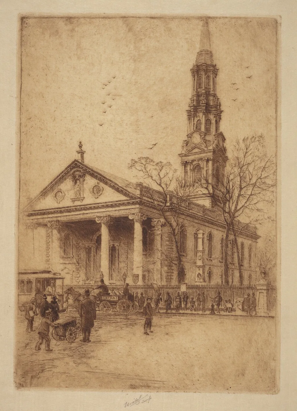 St. Paul's, Broadway, N.Y., by Charles Frederick William Mielatz, ink, 1906