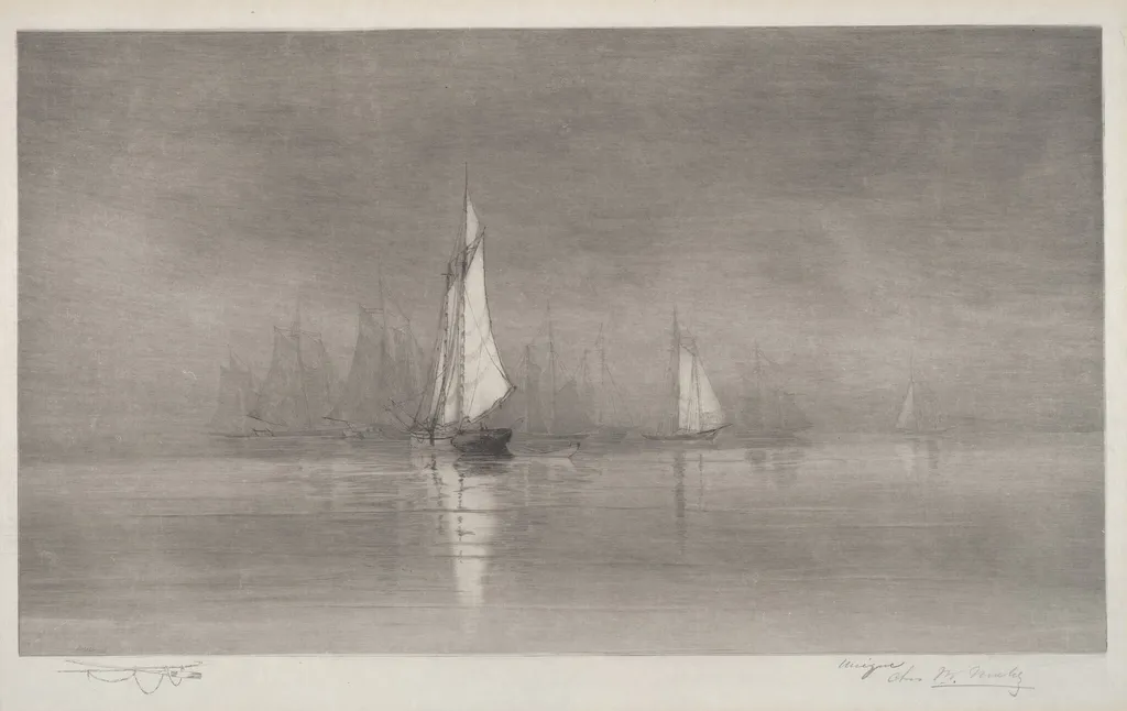 Untitled (Harbor Scene with Sailboats), by Charles Frederick William Mielatz, ink, 1900